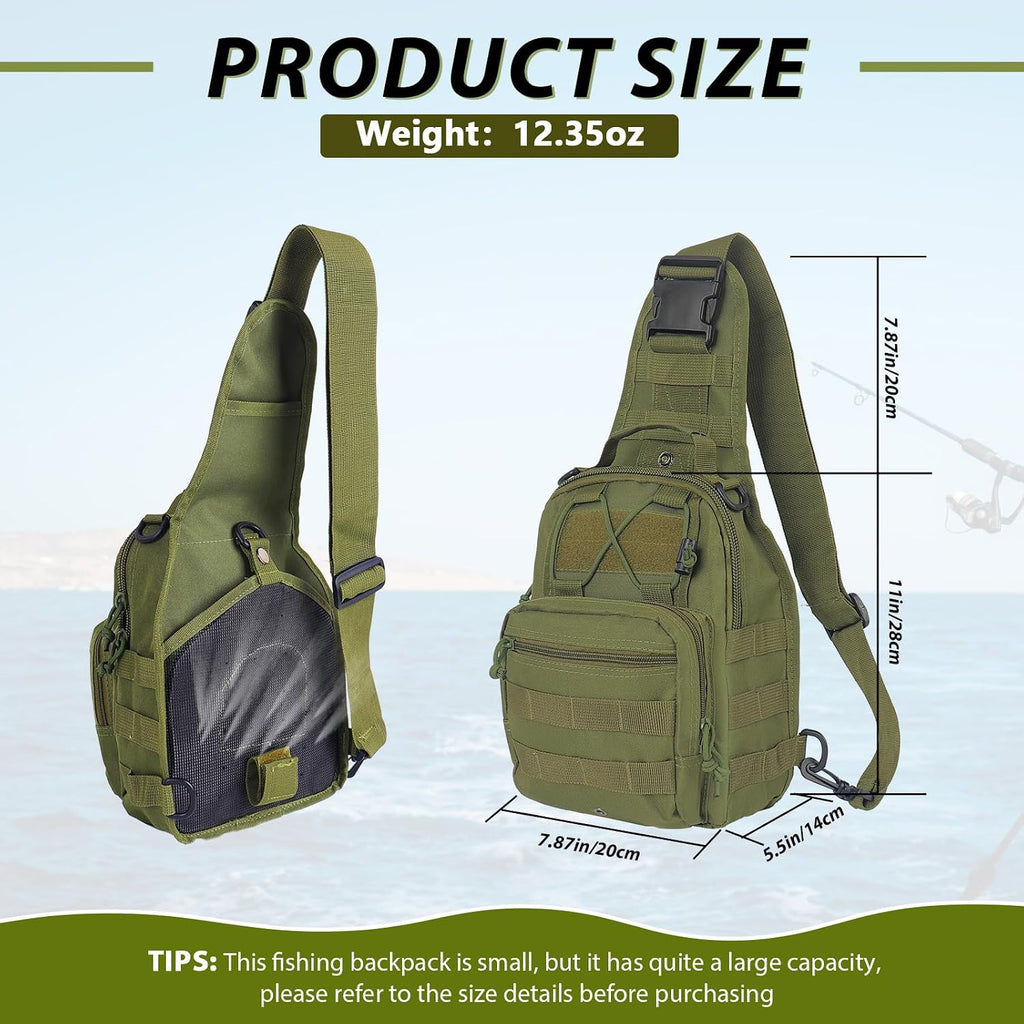 Fishing Backpack Small Fishing Tackle Storage Bag with 3 Methods of Carrying Large Capacity Sling Backpack for Outdoor Hiking Travel Hunting (Army Green)
