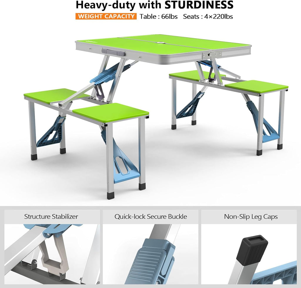 VINGLI 4Ft Portable Folding Picnic Table Camping Table Foldable Set with 4 Seats with Umbrella Hole Suitcase Card Table-220 Lbs Support Aluminum Frame, Plastic RV Tabletop for Yard, Travel-Black