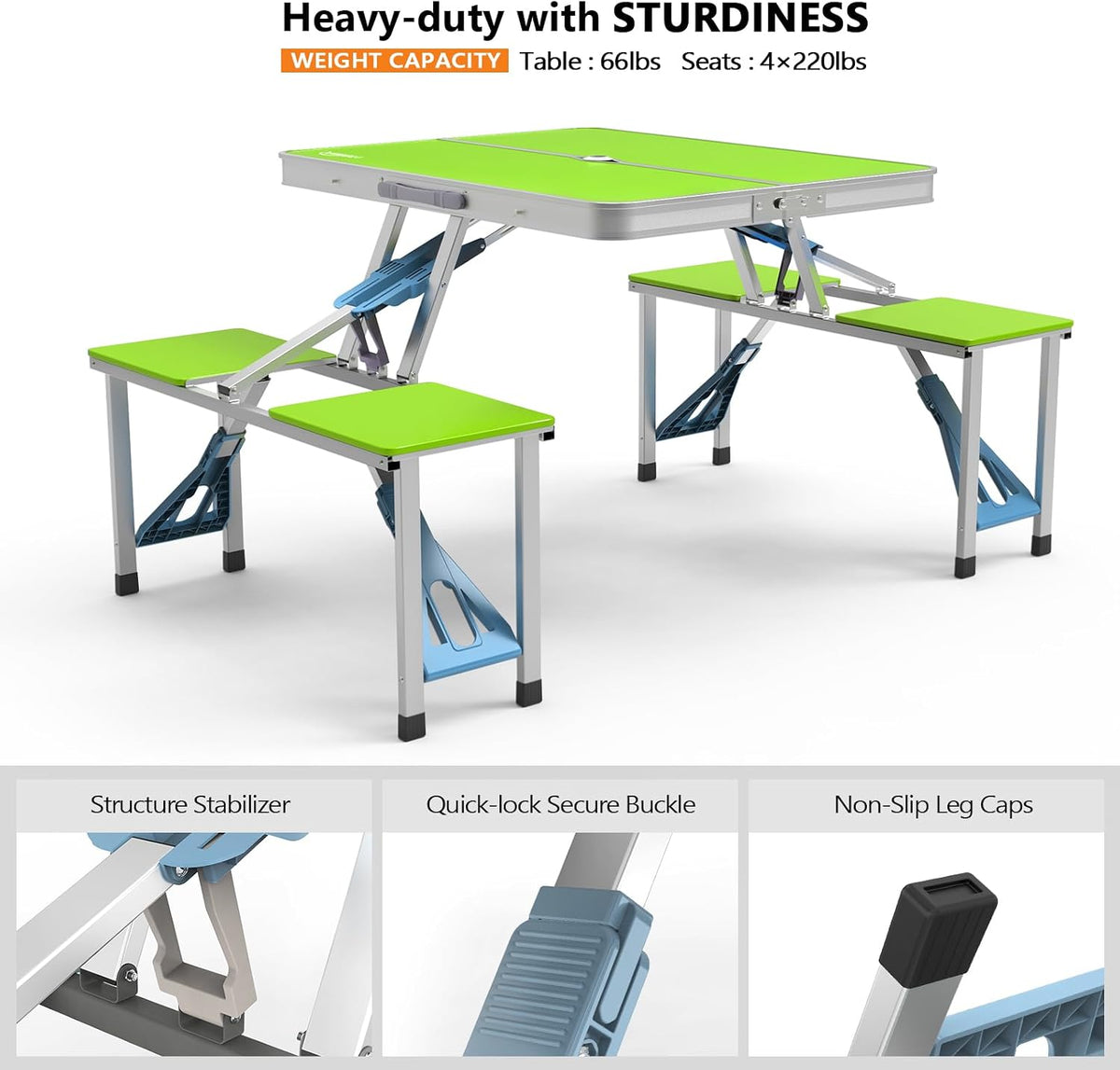 VINGLI 4Ft Portable Folding Picnic Table Camping Table Foldable Set with 4 Seats with Umbrella Hole Suitcase Card Table-220 Lbs Support Aluminum Frame, Plastic RV Tabletop for Yard, Travel-Black