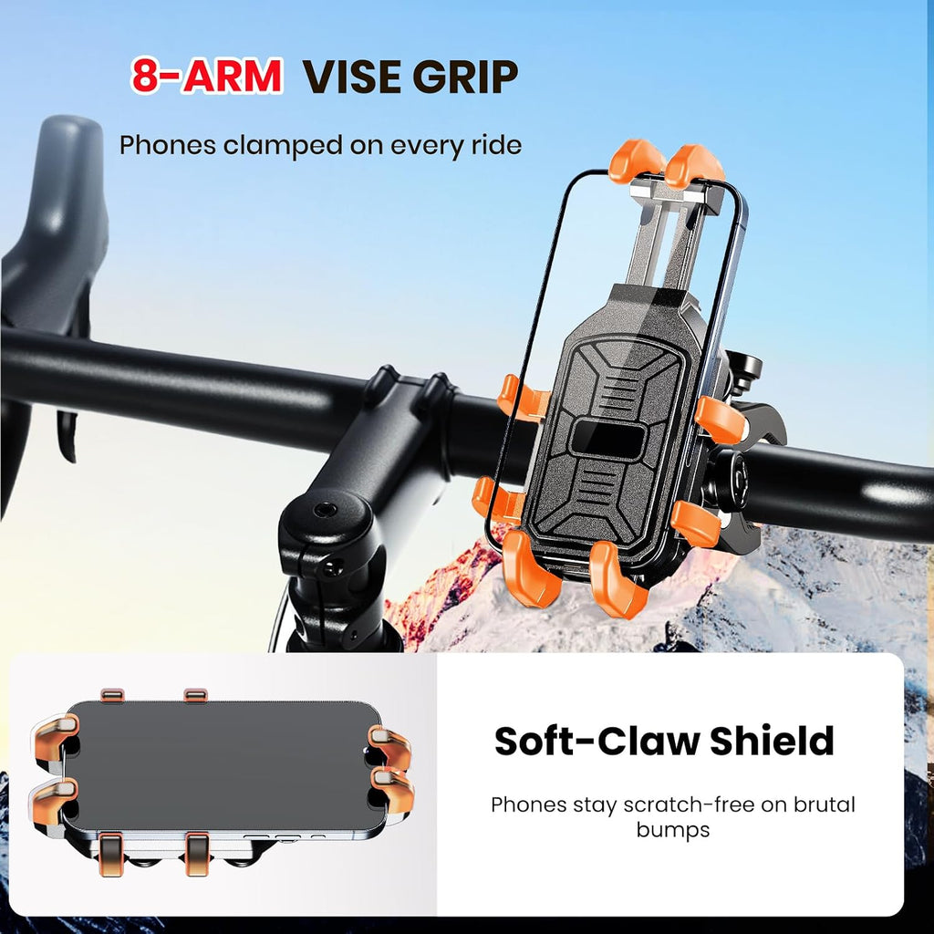 Motorcycle Phone Mount Holder with Vibration Dampener Anti-Shake 720° Adjustable for iPhone 16 Pro Max for Samsung 5.4''-6.9'' Phone Anti-Theft Dirt Bikes(Clamp Base 0.47-1.77" Handlebar)