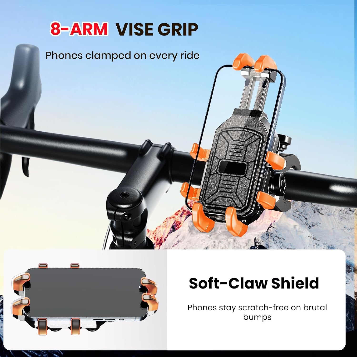 Motorcycle Phone Mount Holder with Vibration Dampener Anti-Shake 720° Adjustable for iPhone 16 Pro Max for Samsung 5.4''-6.9'' Phone Anti-Theft Dirt Bikes(Clamp Base 0.47-1.77" Handlebar)