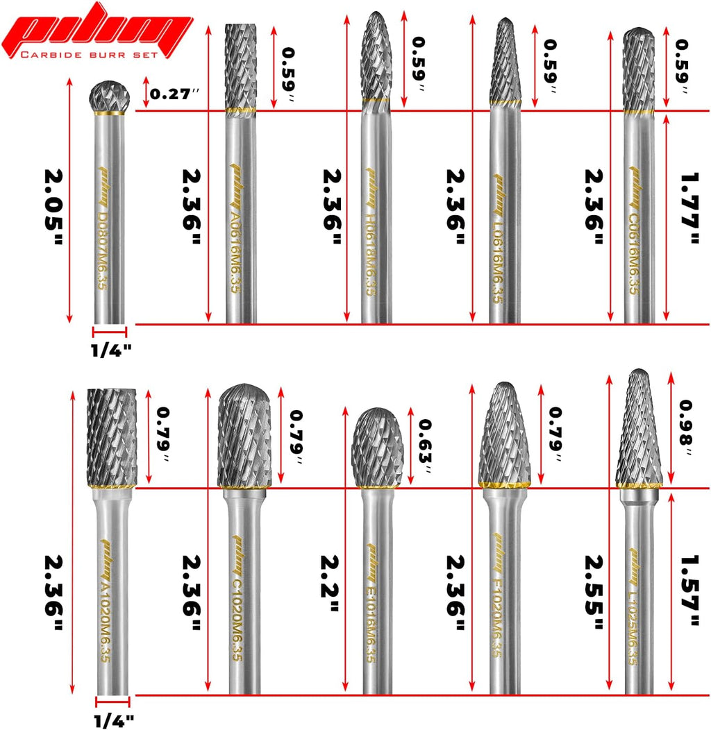 Tungsten Carbide Burr Set 1/4" Shank 10PC Double Cut Rotary Cutting Burrs Die Grinder Bits for Steel and Wood Working, Grinding, Carving, and Engraving