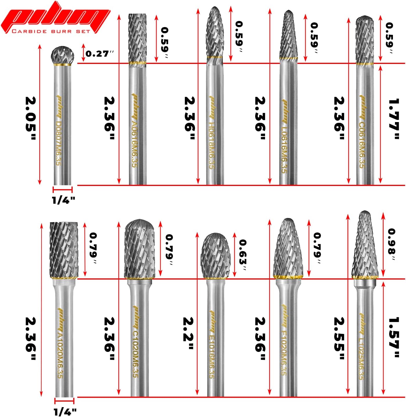 Tungsten Carbide Burr Set 1/4" Shank 10PC Double Cut Rotary Cutting Burrs Die Grinder Bits for Steel and Wood Working, Grinding, Carving, and Engraving