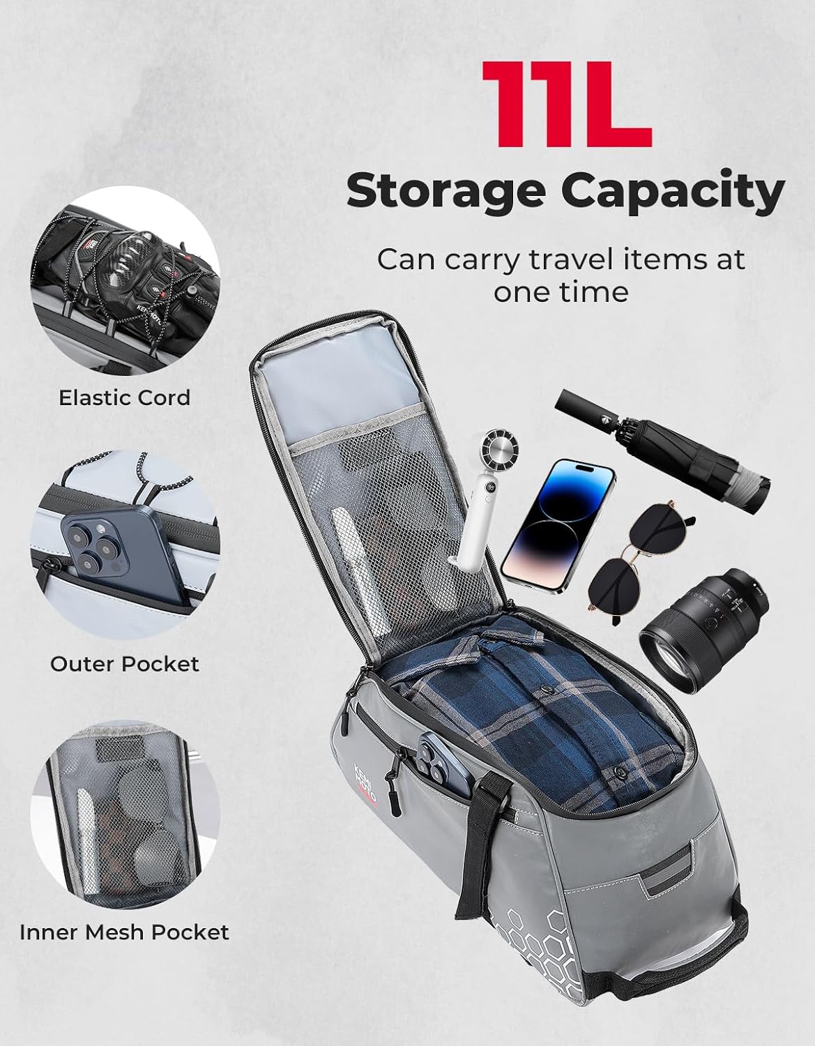KEMIMOTO Fully Reflective 3-in-1 Rear Bike Bag, 11L Convertible Backpack