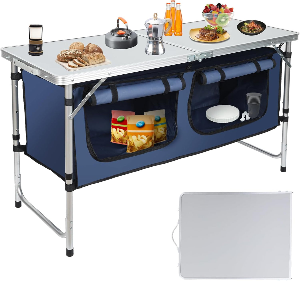 Outdoor Folding Camping Table with Storage Organizer(Blue)
