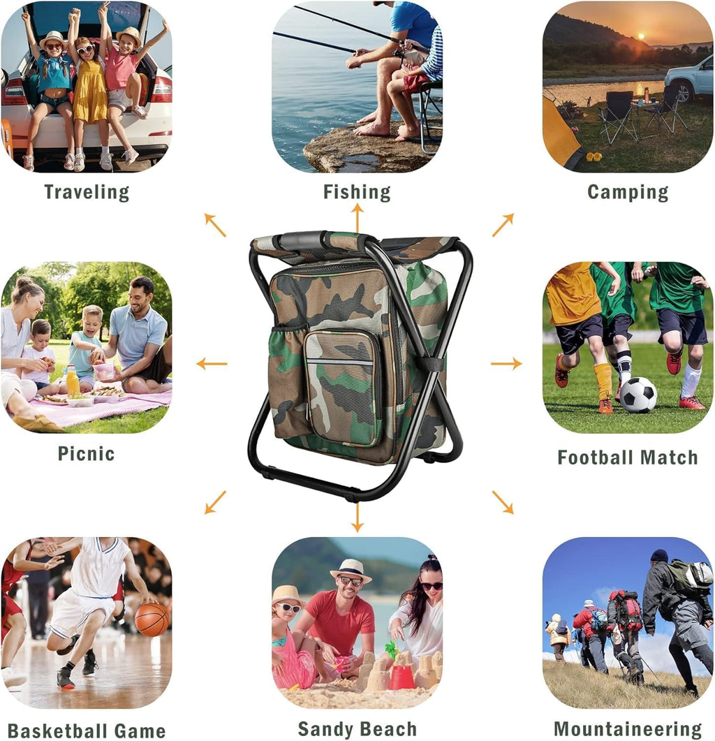 Kikerike Folding Stool Backpack Insulated Cooler Bag, Collapsible Camping Hunting Fishing Multifunction Chair with Front Pocket and Bottle Pocket for Outdoor Events, Hiking, Travel, Beach