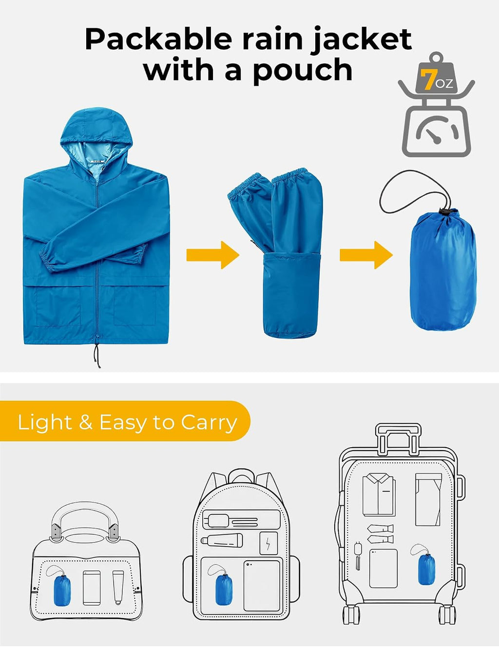 COOFANDY Mens Packable Rain Jacket Lightweight Waterproof Raincoat with Hood Outdoor Rain Gear Travel Hiking Cycling