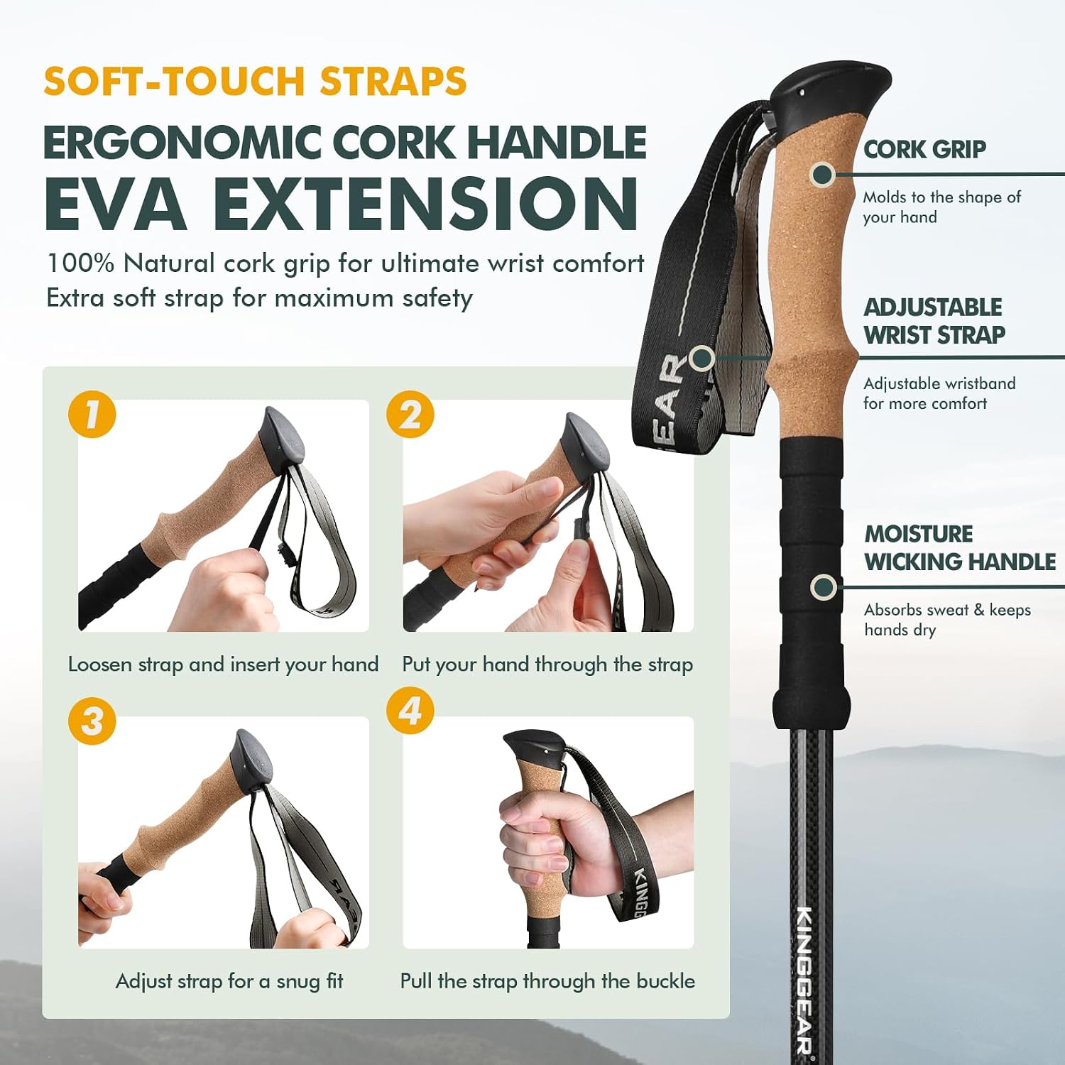 Carbon Fiber Trekking Poles Cork EVA Grip Lightweight | 8.2oz, Telescopic 90-135cm, Metal flip Locks, for Hiking, with Snow/mud/Rubber Tips & Bag