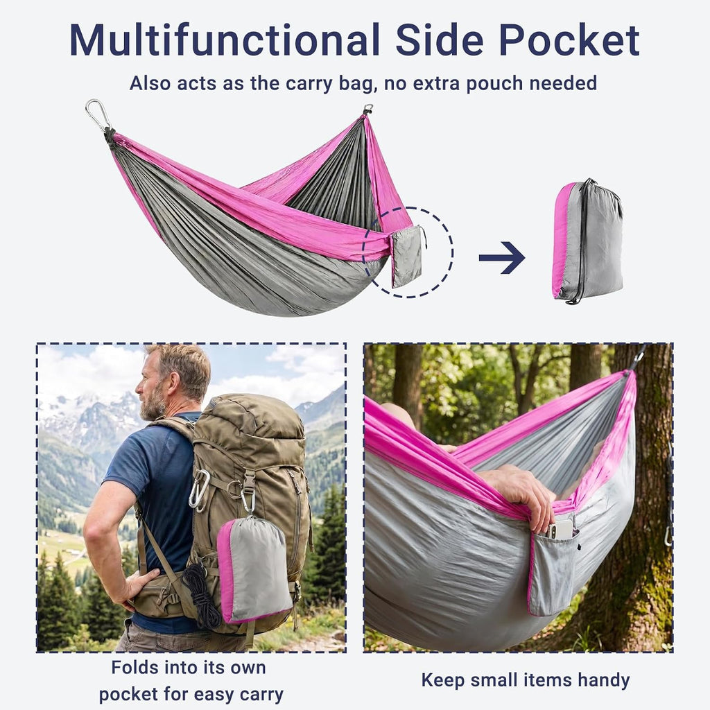 Camping Hammocks, Portable Parachute with Tree Straps (Pink & Gray)