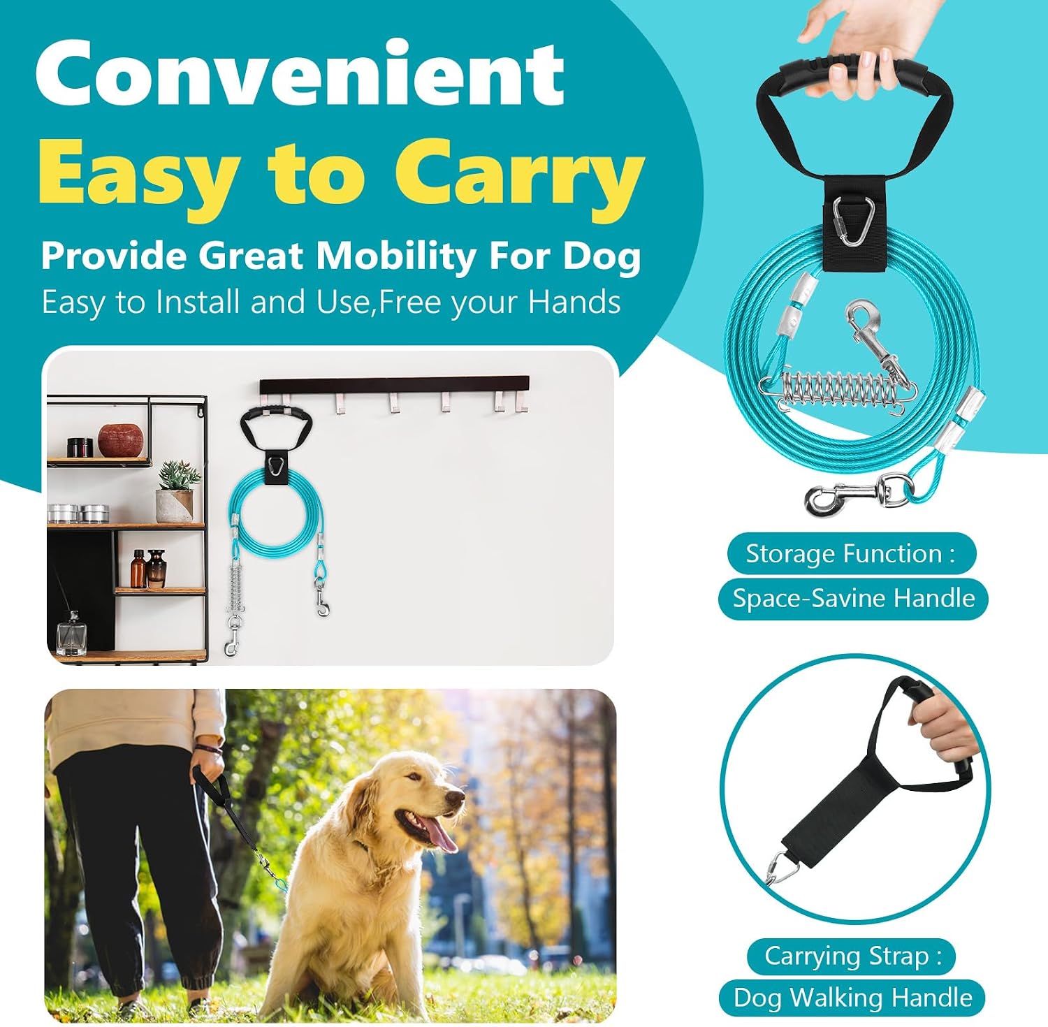 Supet Shock-Absorbing Dog Tie Out Cable & Stake for Backyard, Camping, Traveling, for Dogs up to 250Lbs, Durable Dog Tether/Leash,16ft
