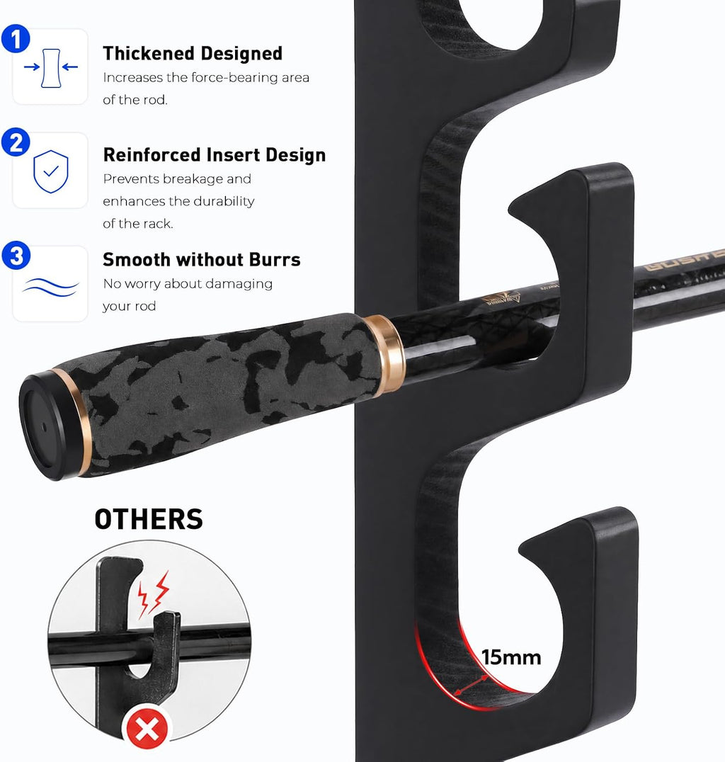 PLUSINNO H5W Solid Wood Fishing Rod Holder, Horizontal Wall & Ceiling Mount Fishing Pole Holders for Garage Storage, Holds 10Rods, Combos and Fishing Nets（Black, 2packs）