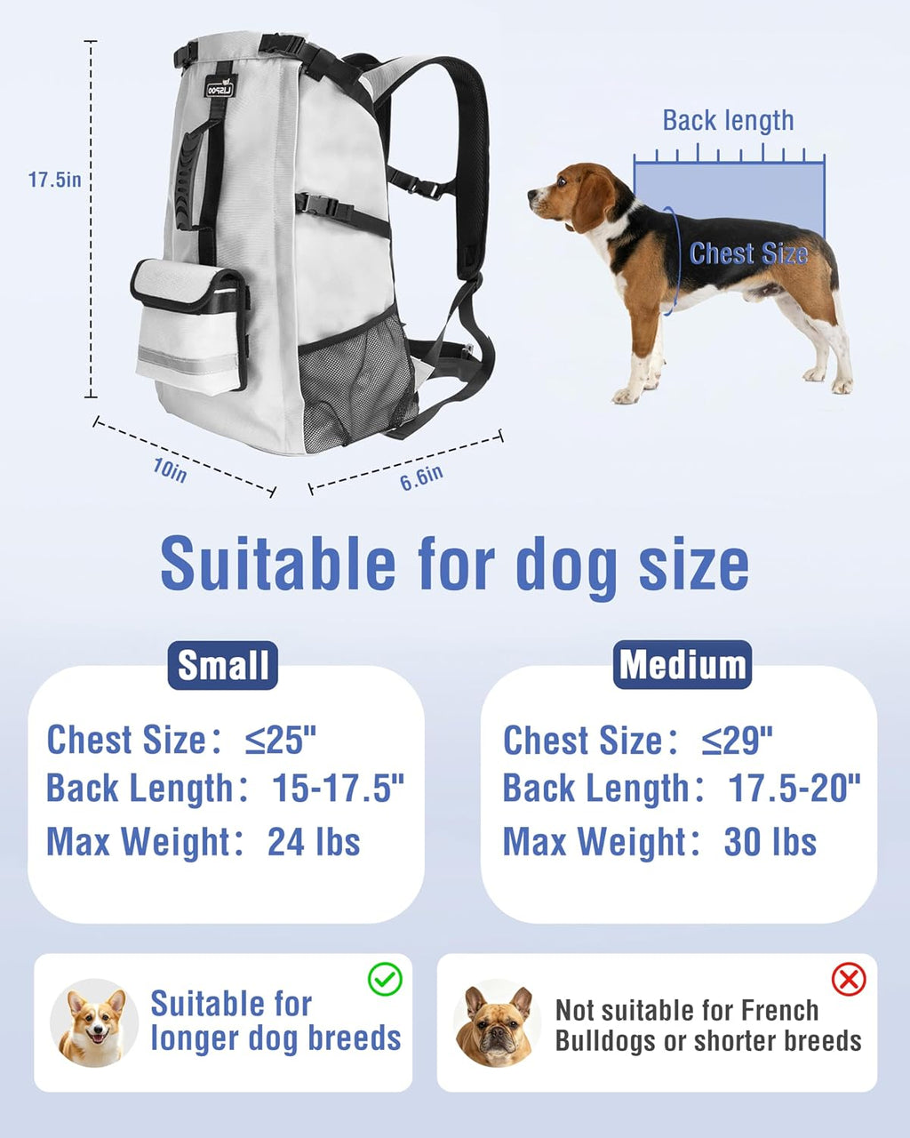 Dog Backpack Carrier for Small and Medium Dogs with Detachable Waist Bag（S）