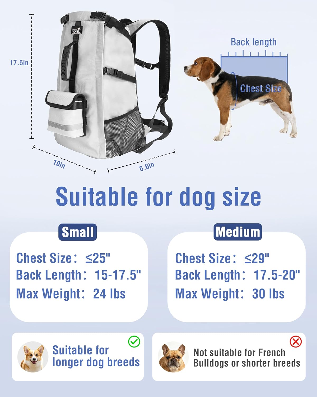 Dog Backpack Carrier for Small and Medium Dogs with Detachable Waist Bag（S）
