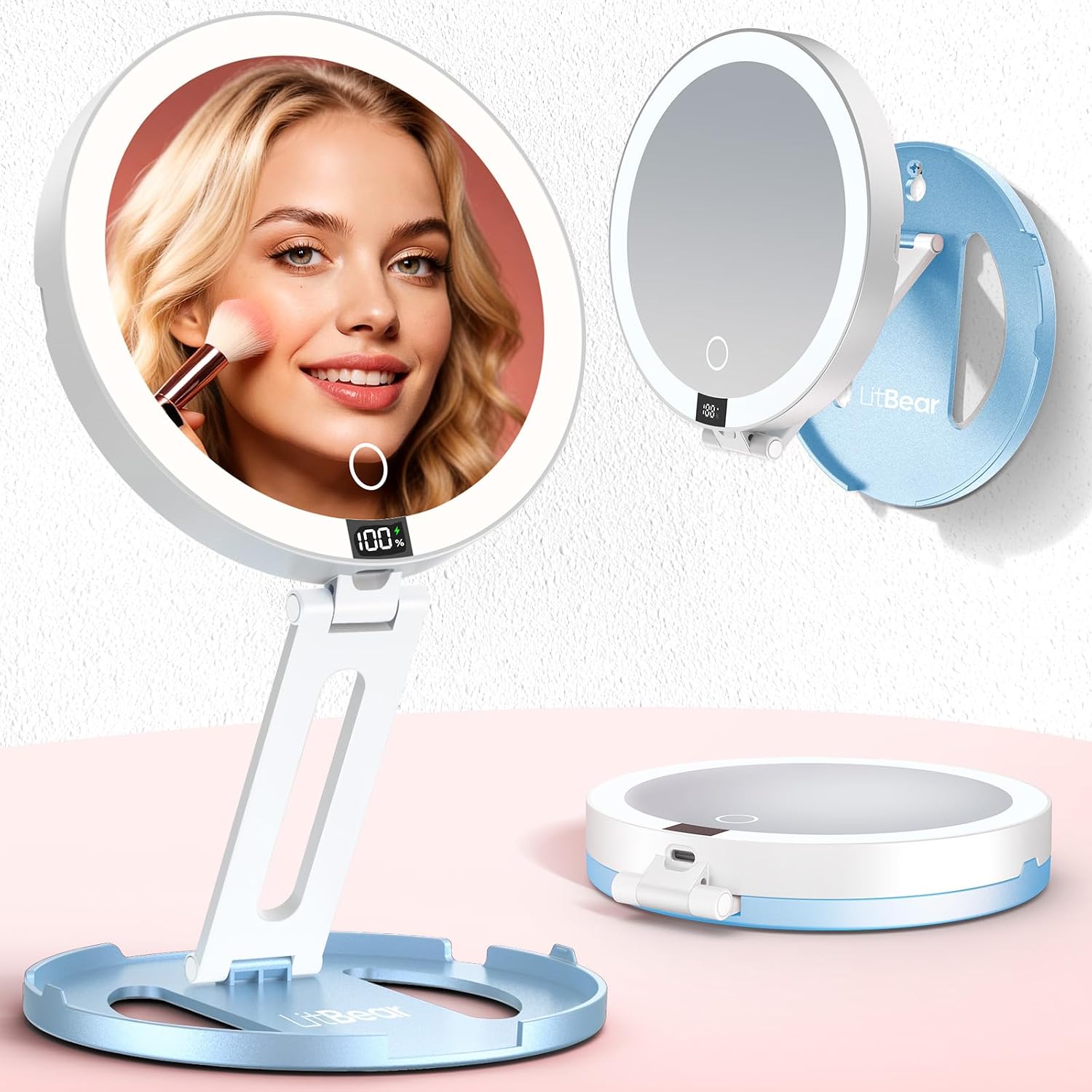 LitBear Travel Mirror with Lights, Foldable 10X/1X Magnifying Mirror, Rechargeable & Portable Lighted Makeup Mirror for Beauty, 3 Color Lighting, Dimmable Touch Screen, Smart Display (Sky Blue)