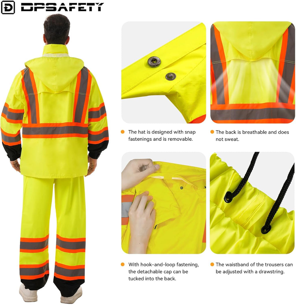 Hi Vis Safety rain Jacket，Reflective Class 3 Rain coat with Inner Mesh Lining and Pockets High Visibility Waterproof work Rain Suits for men&women（Yellow,2XL/3XL）