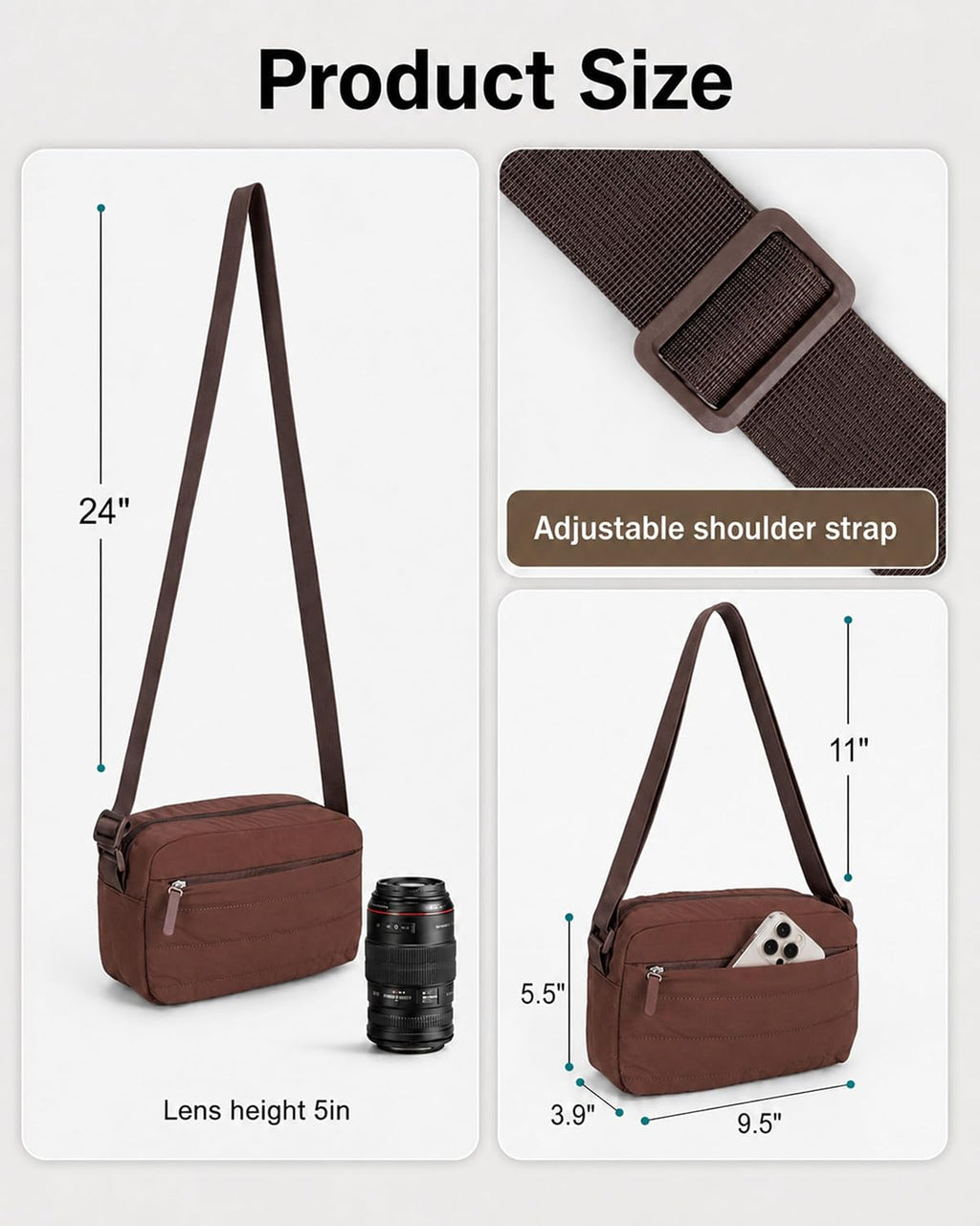 FHELAD Small Crossbody Bag for Women, Compact Puffer Camera Bag With Padded and Theft Zipper for Photographer, Travel (Coffee)