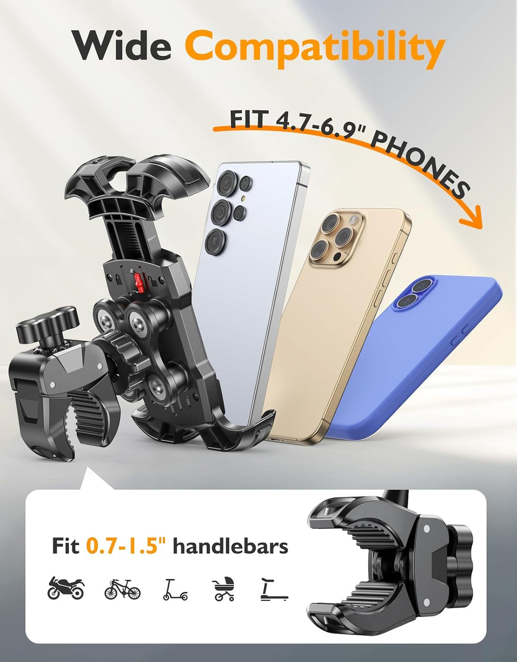 Bike Phone Holder Motorcycle Mount with Rubber Vibration Damper