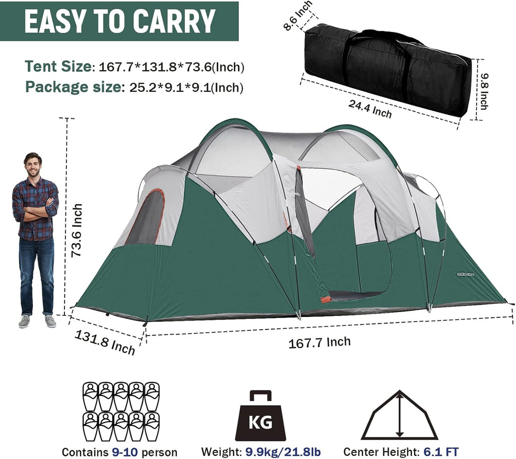 HIKERGARDEN 10 Person Tents for Camping Family Outdoor Dome Tent
