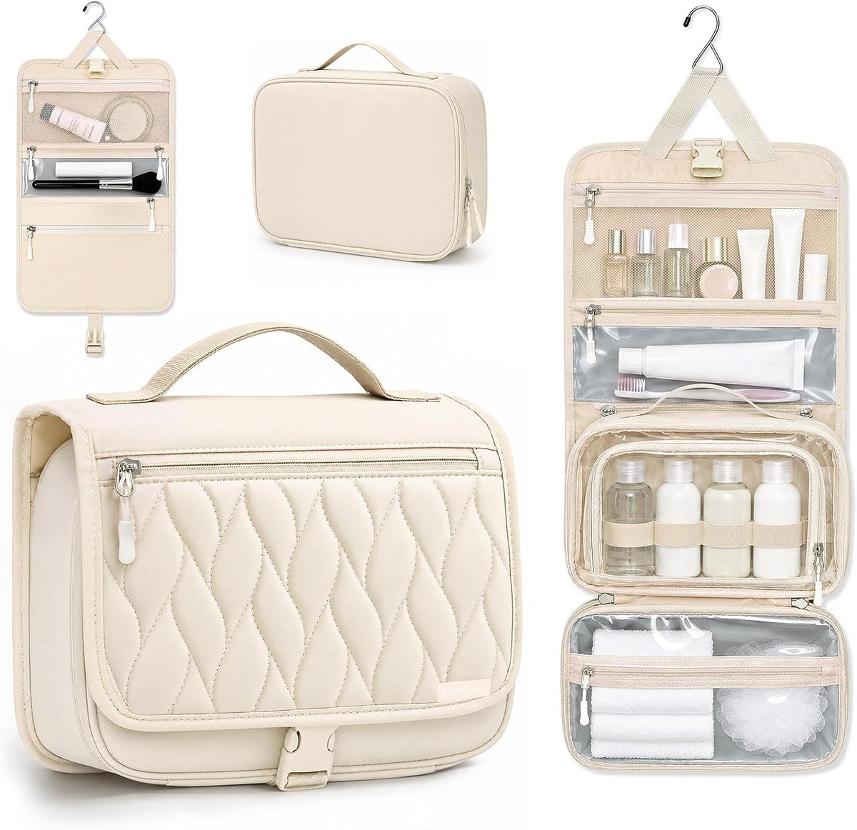 TOPEAST Quilted Travel Toiletry Bag for Women,Detachable Hanging Makeup Bag