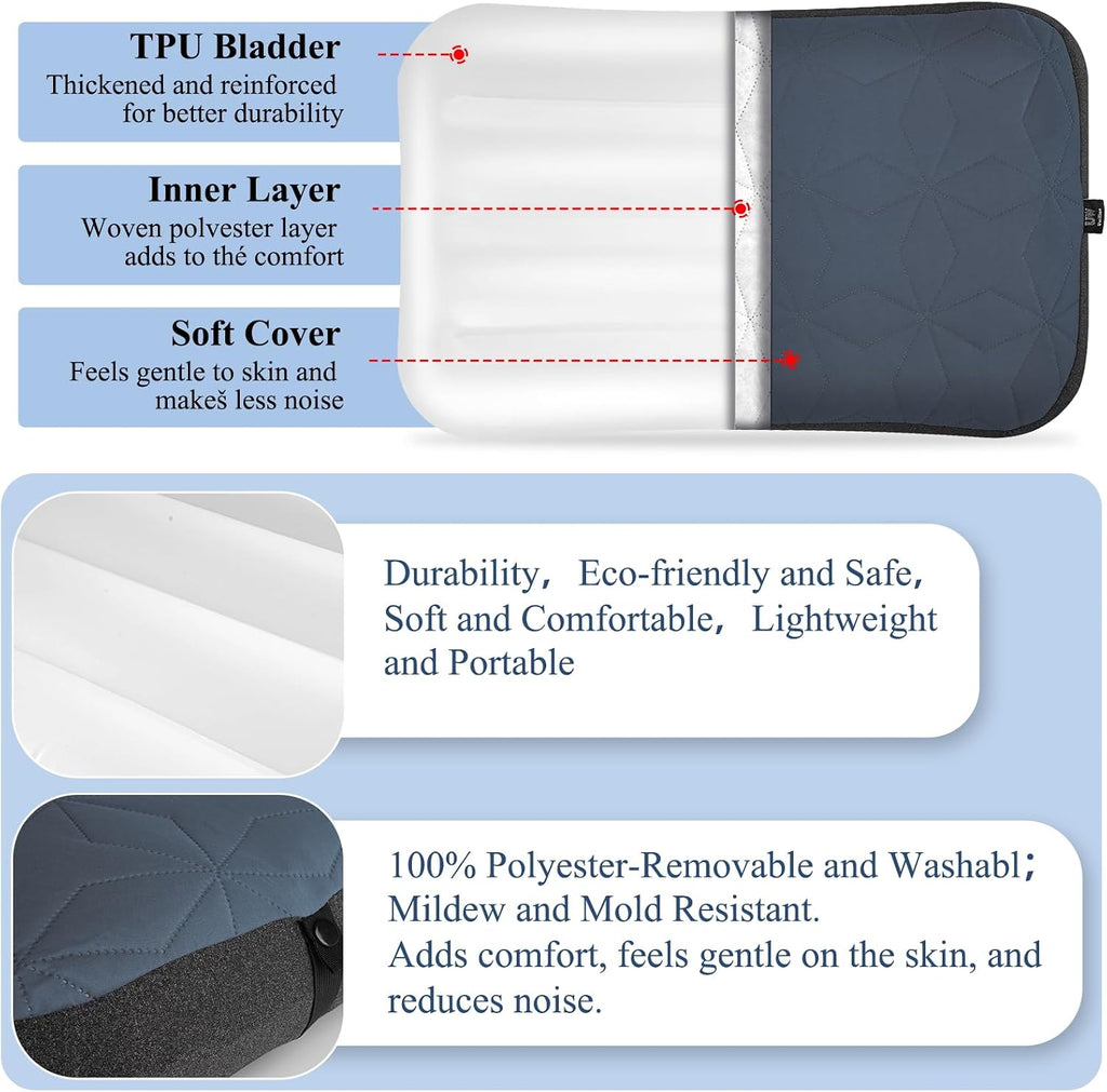 UWILLION Camping Pillow with Removable Cover Large Size 24“ x 15" - Ultralight Inflatable Pillow for Camping Lightweight, Ergonomic and Washable for Camping, Hiking, and Travel Gray