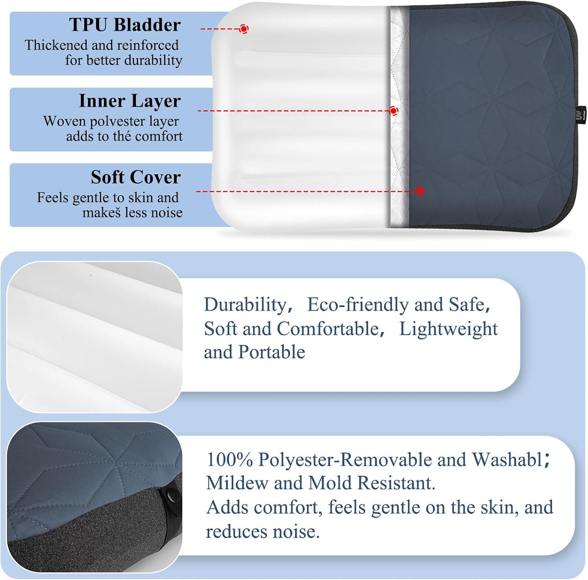 UWILLION Camping Pillow with Removable Cover Large Size 24“ x 15" - Ultralight Inflatable Pillow for Camping Lightweight, Ergonomic and Washable for Camping, Hiking, and Travel Gray