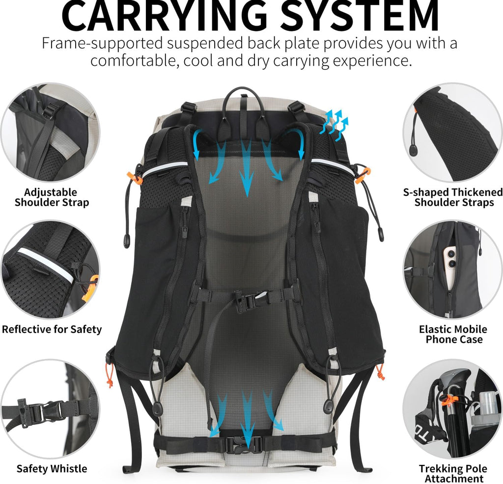 IX INOXTO Hiking Backpack for Men and Women, 30L Waterproof Camping Backpack with 3L Water Bladder and Rain Cover, Lightweight Outdoor Sport Travel Daypack Rucksack for Climbing Cycling (Light gray)