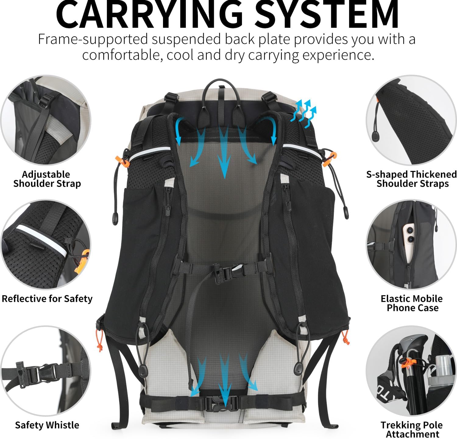 IX INOXTO Hiking Backpack for Men and Women, 30L Waterproof Camping Backpack with 3L Water Bladder and Rain Cover, Lightweight Outdoor Sport Travel Daypack Rucksack for Climbing Cycling (Light gray)