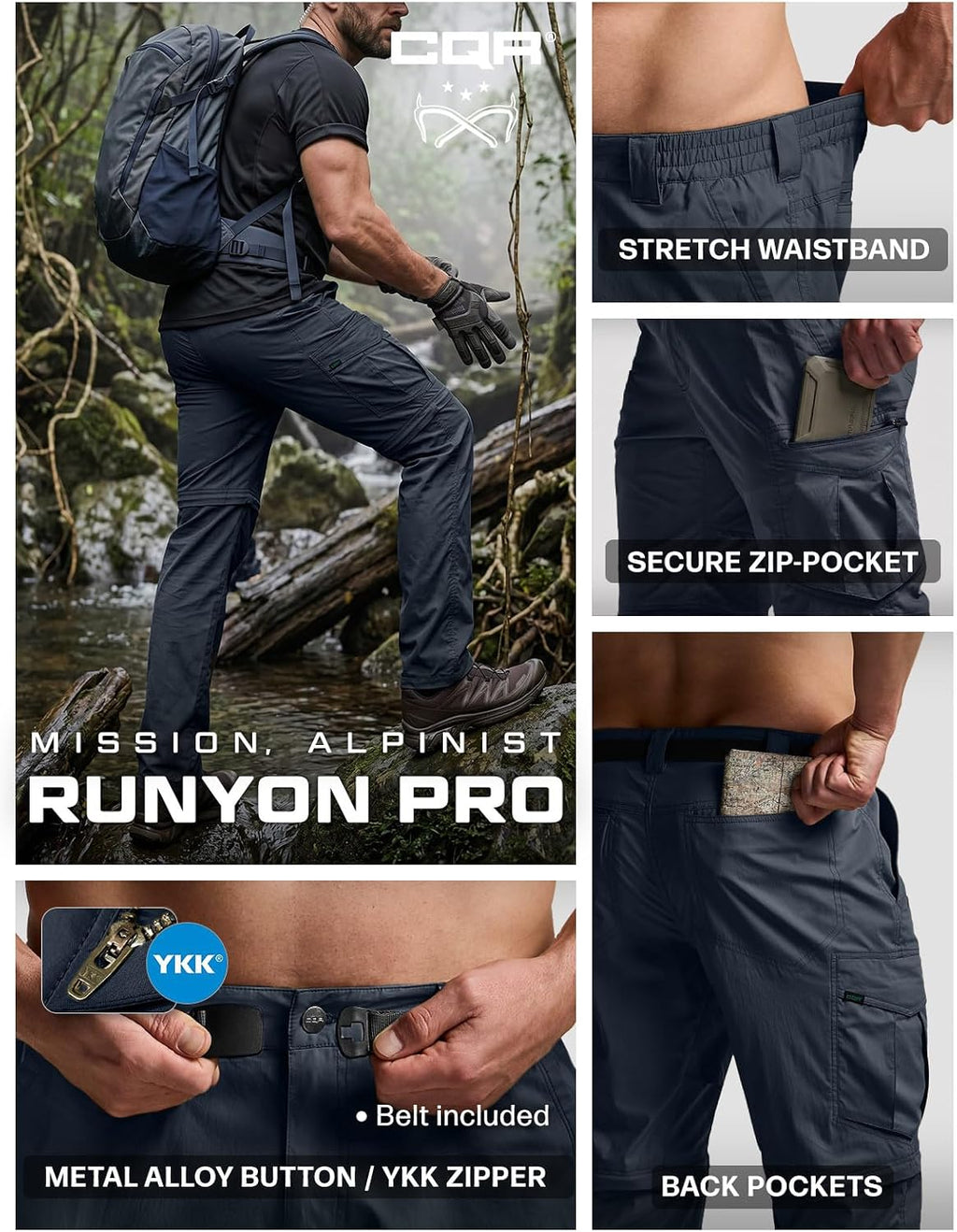 CQR Men's Convertible Cargo Tactical Pants, Water Resistant Outdoor Hiking Pants, Zip Off Lightweight Stretch Work Pants