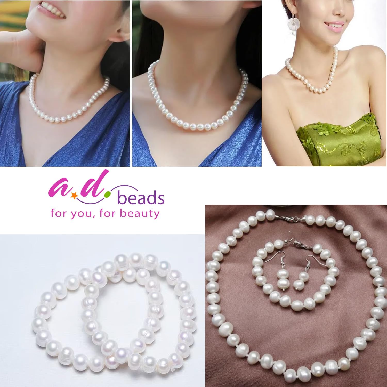 AD Beads Natural Freshwater White Pearl Round Beads 15" 4mm 6mm 8mm 9mm 10mm 11mm 12mm (10-11mm)