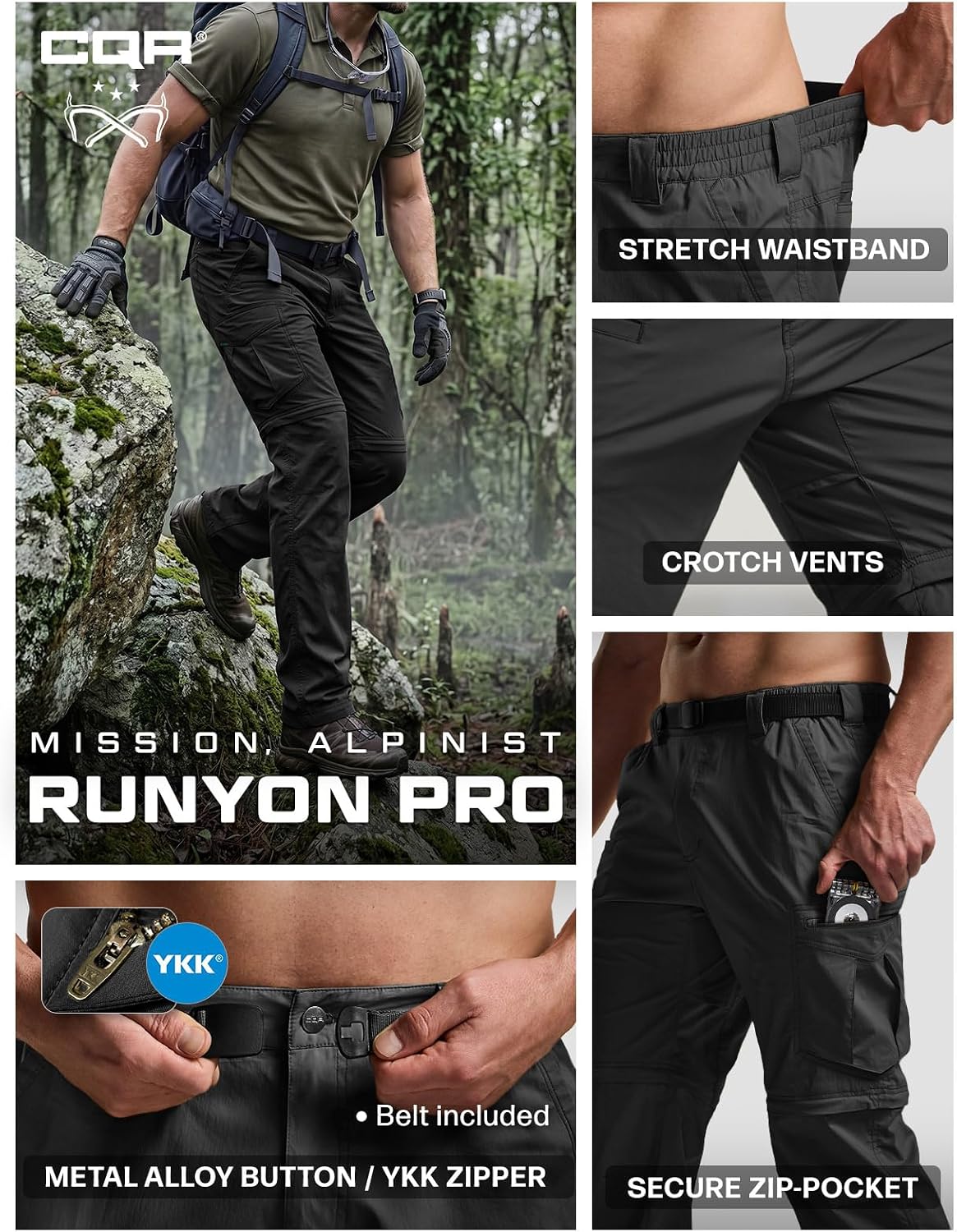 CQR Men's Convertible Cargo Tactical Pants, Water Resistant Outdoor Hiking Pants, Zip Off Lightweight Stretch Work Pants