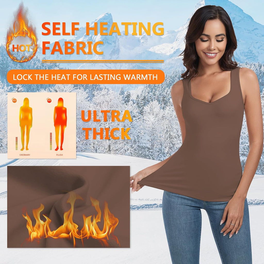 WOWENY Thermal Fleece Tank Top for Women V Neck Sleeveless Shirts Camisole Warm Base Layer Cami Vest Underwear Tops