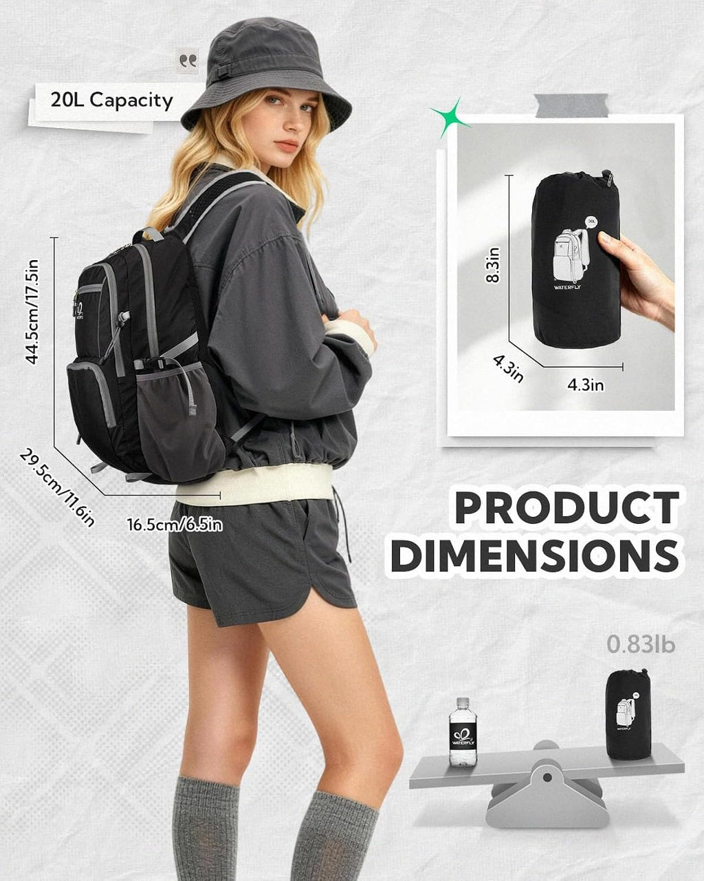 WATERFLY Packable Hiking Backpack, 20L Small Lightweight Foldable Daypack