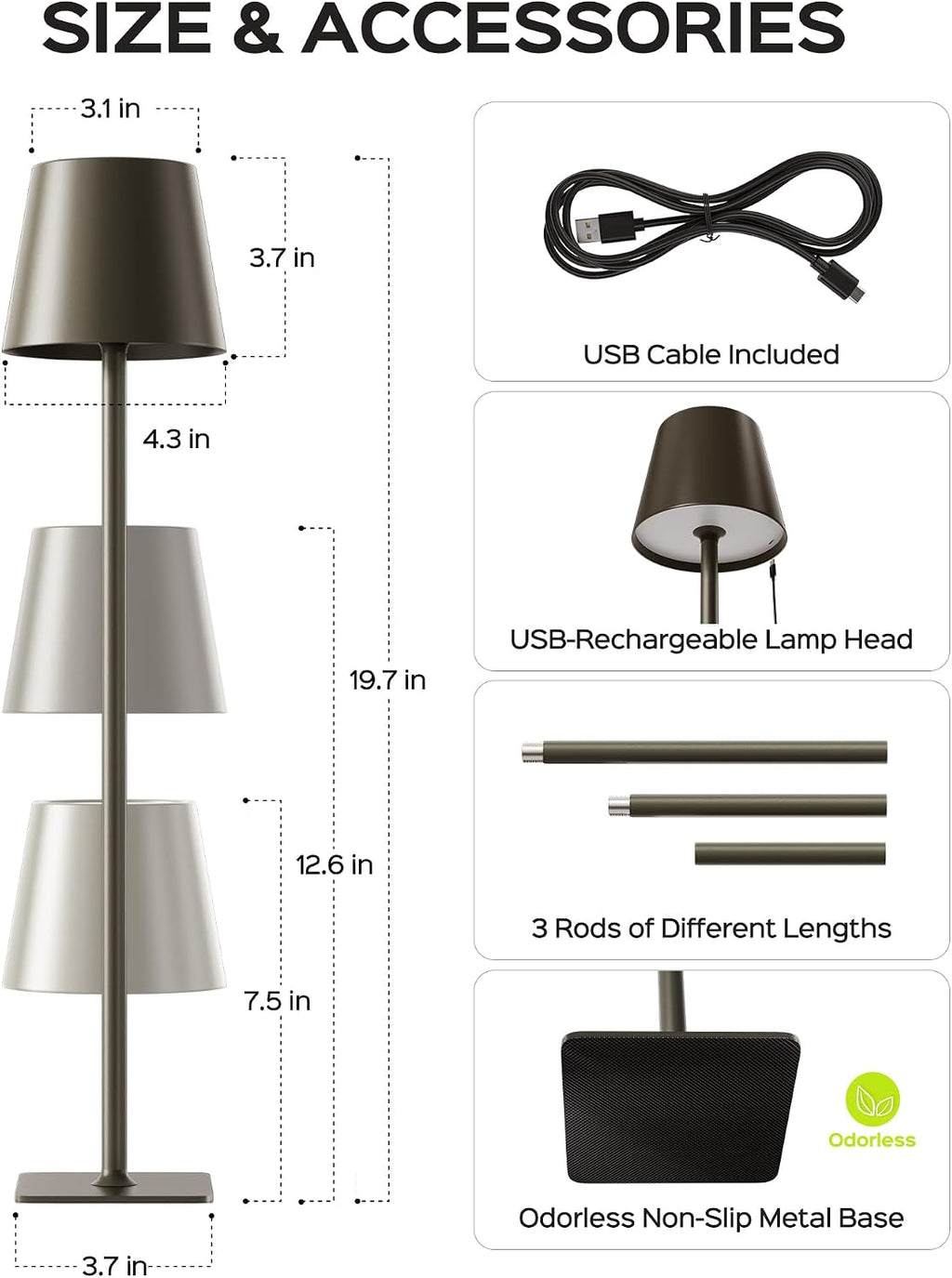 JACKYLED Cordless Lamp DIY Height, 3 Color Stepless Dimming, 5000 Capacity