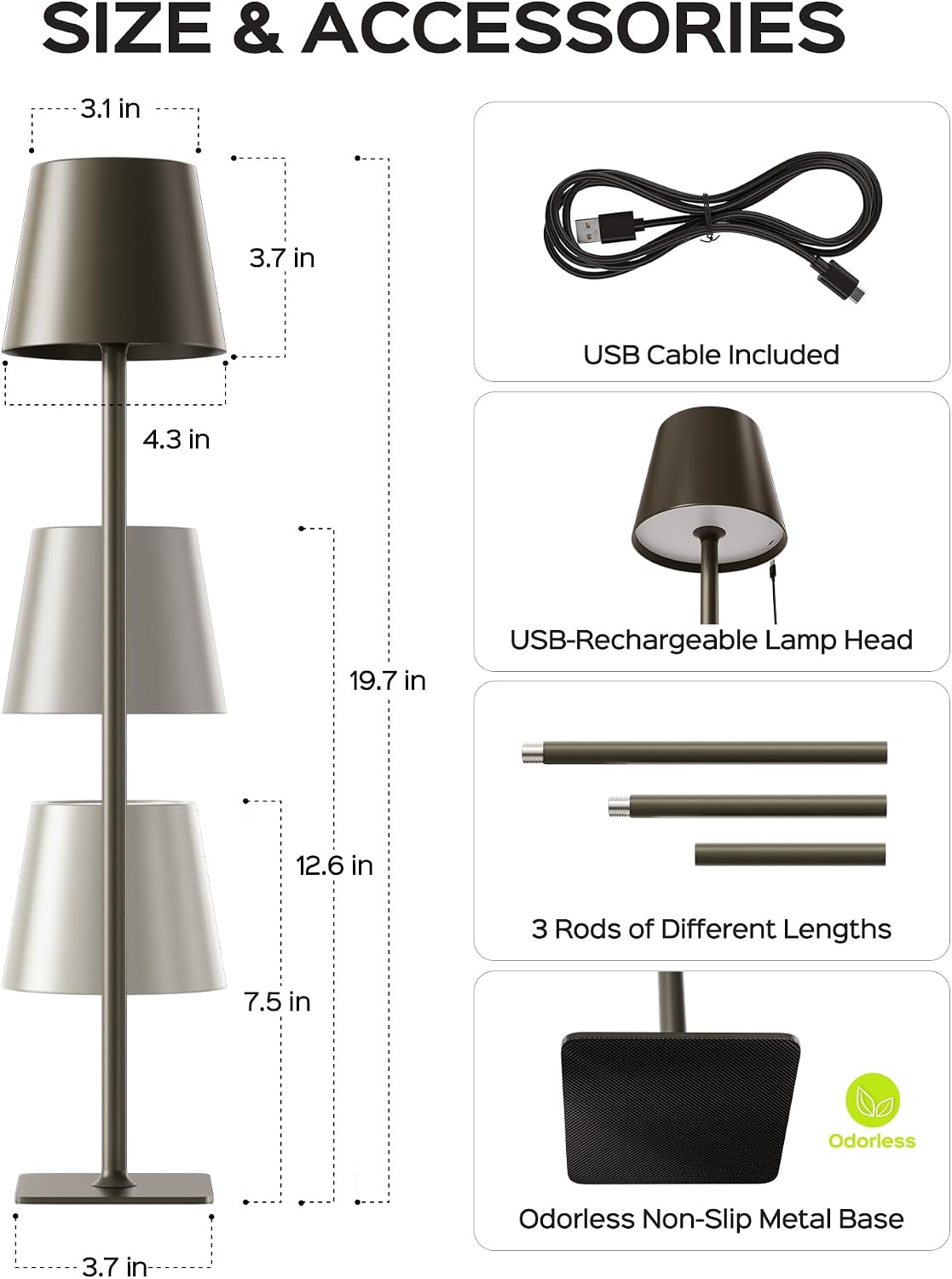 JACKYLED Cordless Lamp DIY Height, 3 Color Stepless Dimming, 5000 Capacity