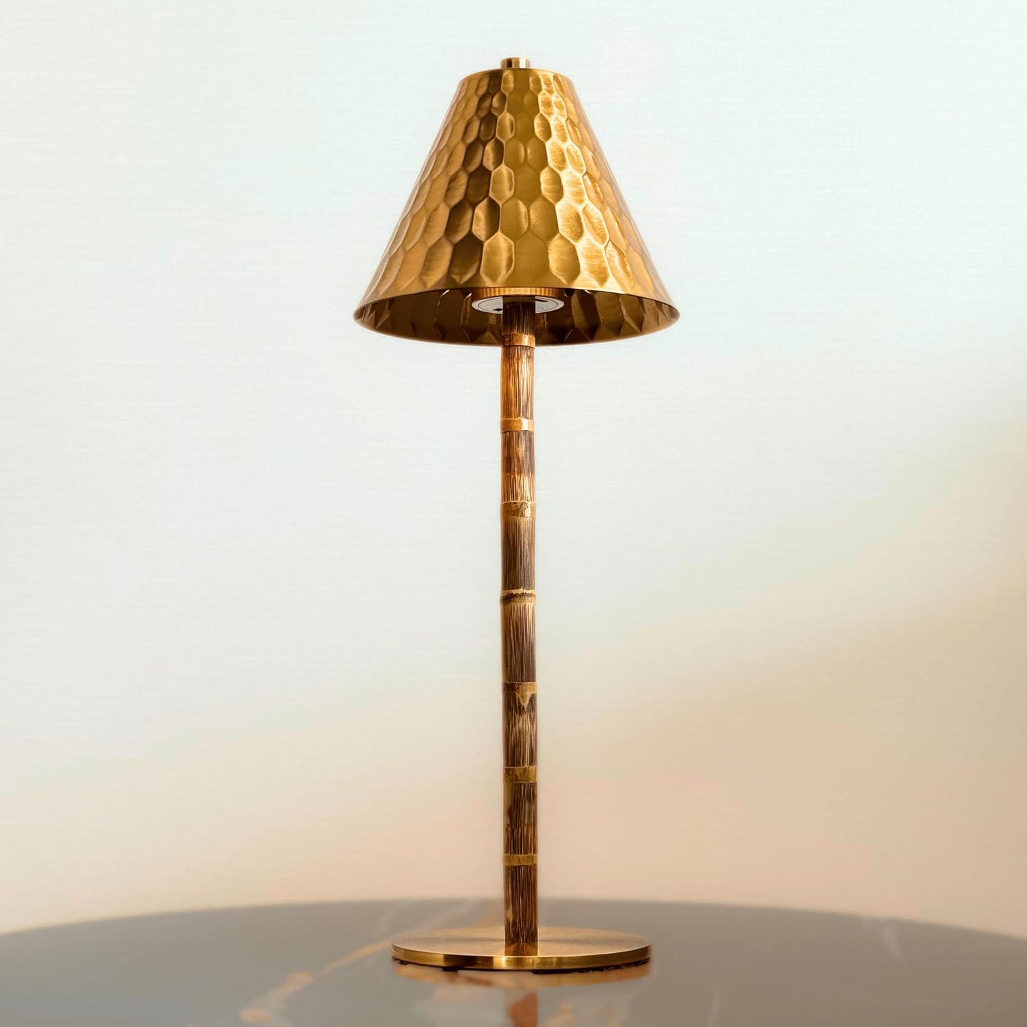 Bamboo Cordless LED Table Lamp – Rechargeable 24-Hour Battery, Dimmable Warm Light, Portable Wireless Lamp with Remote for Indoor/Outdoor Use, Home, Patio, Restaurant – (TEXTURED GOLD), 14.76" Tall