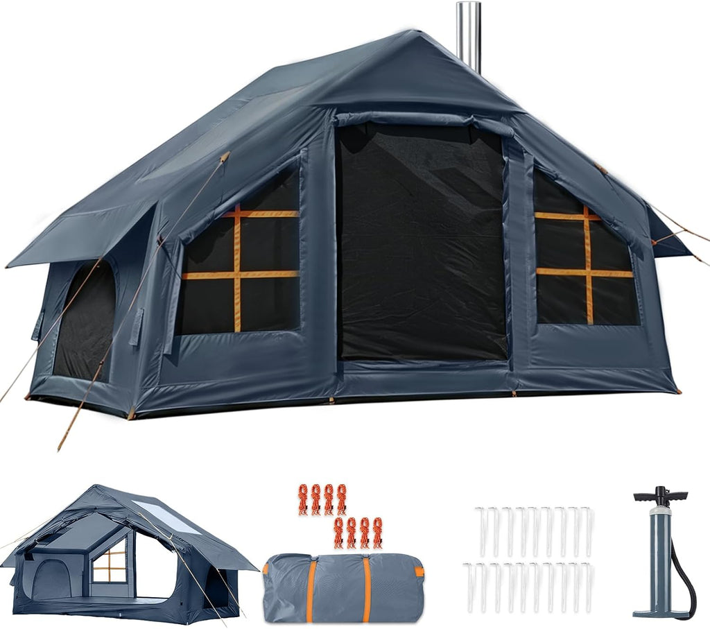 Inflatable Tents for Camping with Skylight and Stove Jack,4-6 Person Inflatable Camping Hot Tent with Pump,Easy Setup Family Camping Tent 4 Season Waterproof Outdoor Tents