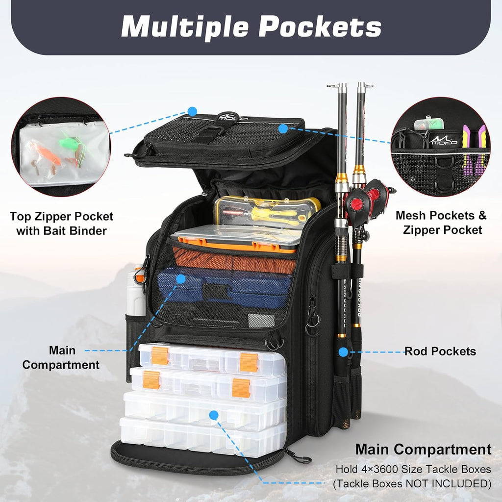 MoKo Large 40L Fishing Tackle Backpack with Rod Holders & Bait Binder