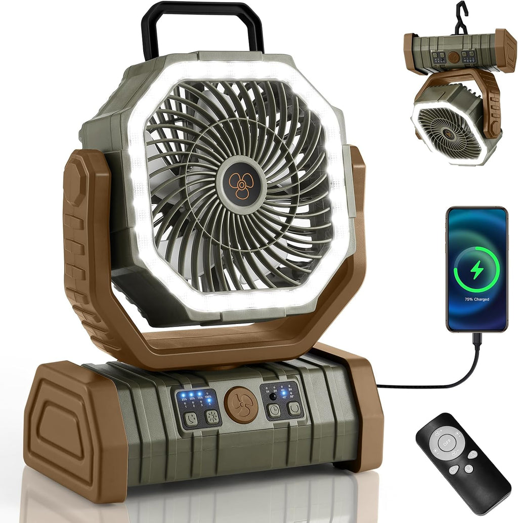 Odoland 30000mAh Camping Fan with LED Lantern, Rechargeable Battery Fan | Operated Oscillating Fan with Remote & Hook, Portable Tent Fan with Timer, 4 Speeds for Outdoor Camp RV Power Outage, Brown