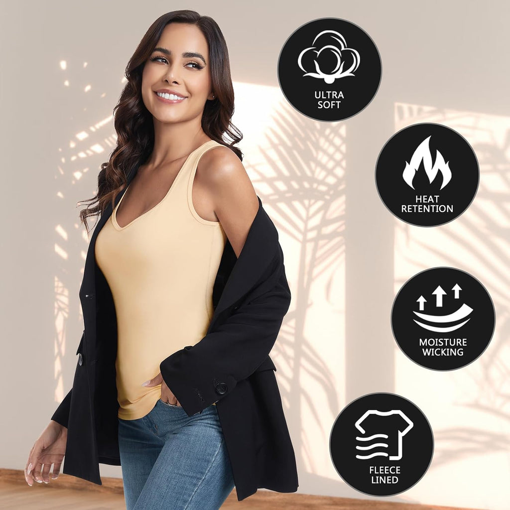 WOWENY Thermal Fleece Tank Top for Women V Neck Sleeveless Shirts Camisole Warm Base Layer Cami Vest Underwear Tops