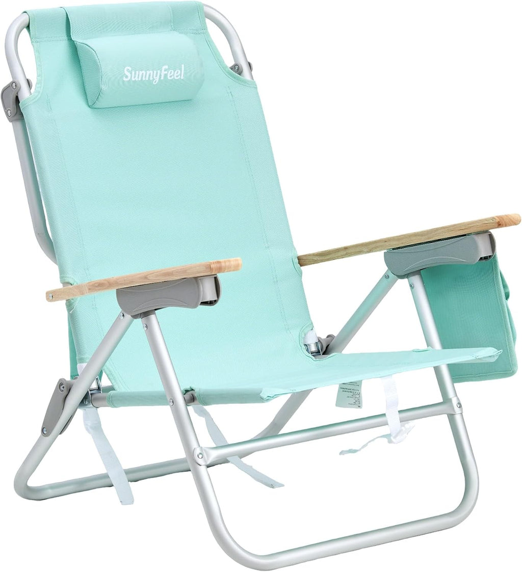 SUNNYFEEL Low Back Folding Beach Chair, Aluminum Heavy Duty Beach Chair with 5-Position, Portable Camping Chair for Adults with Wood Armrest, Lightweight Camping Chair 300lbs, Green