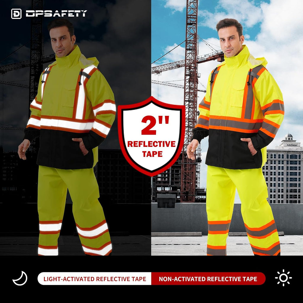 Hi Vis Safety rain Jacket，Reflective Class 3 Rain coat with Inner Mesh Lining and Pockets High Visibility Waterproof work Rain Suits for men&women（Yellow,4XL/5XL）