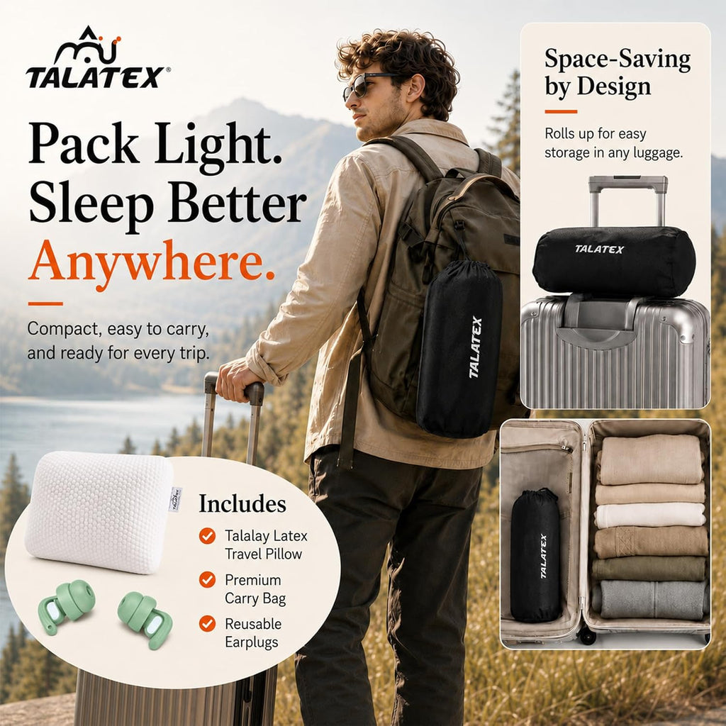 Talatex 100% Natural Premium Talalay Latex Travel Pillow, Camping Pillow, Small Camping Pillow with Compressible Stuff Sack, No Memory Foam Chemicals with Washable Cover (Medium Latex, 1)