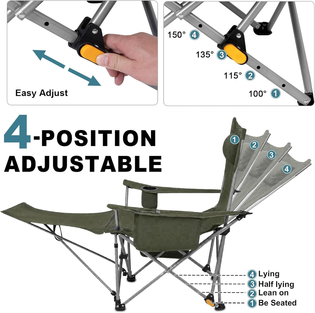 Romswi 2Pack 4-Position Reclining Camping Chair with Removable Footrest, 2-in-1 Adjustable Portable Lounge Chair with Cooler Bag, Cup Holder, Side Pockets & Carry Bag for Outdoor, Olive Green