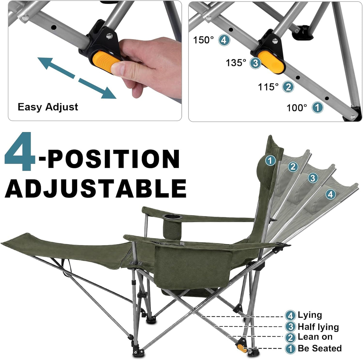 Romswi 2Pack 4-Position Reclining Camping Chair with Removable Footrest, 2-in-1 Adjustable Portable Lounge Chair with Cooler Bag, Cup Holder, Side Pockets & Carry Bag for Outdoor, Olive Green