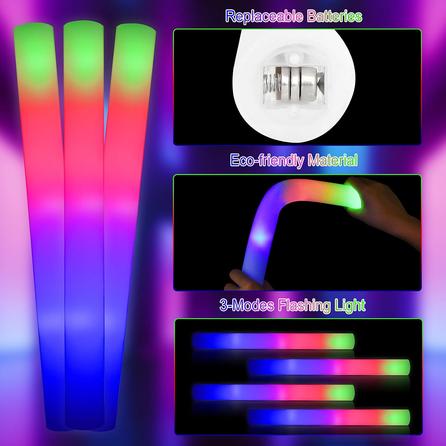 Taotuo Glow Stick Bulk 45 Pcs LED Foam Glow Sticks Party Supplies with 3 Flashing Modes,Glow Sticks Party Pack, Glow in Dark Party Supplies for Wedding, Raves, Concert,Christmas
