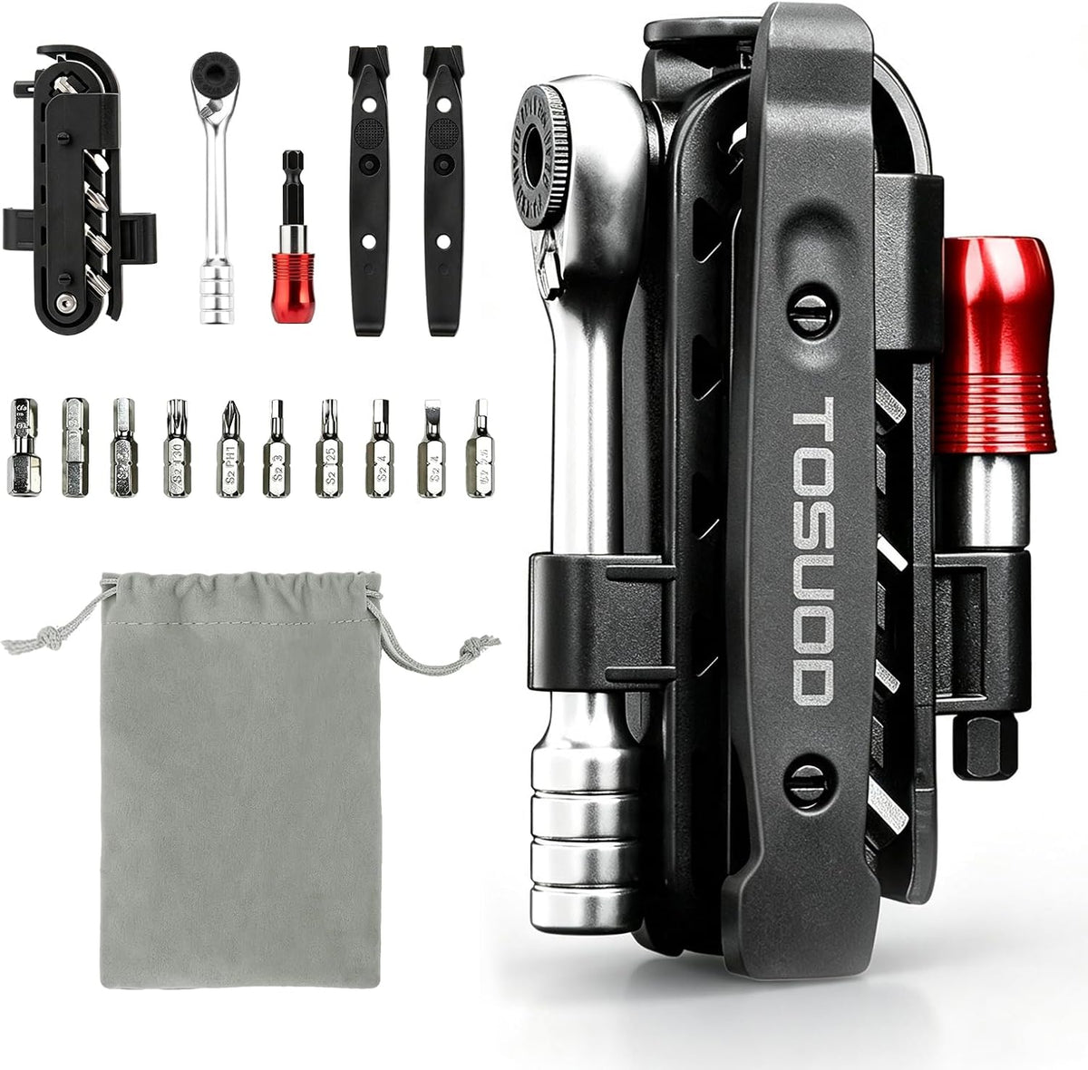 14-in-1 Bike Repair Kit, Foldable Multitool with Ratchet Wrench & Bag