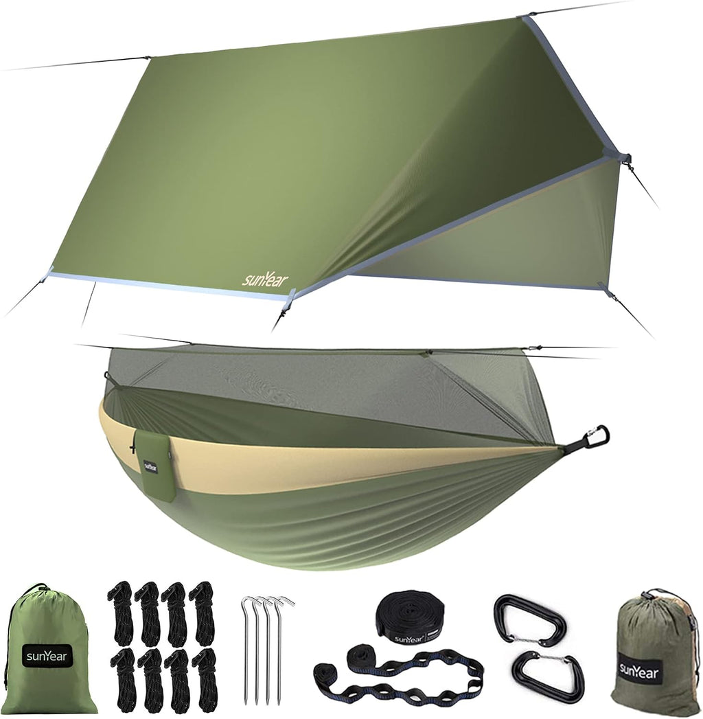 Sunyear Camping Hammock, Portable Single & Double Hammock with Net, 2 Person Hammock Tent with 2 * 10ft Straps, Best for Outdoor Hiking Survival Travel