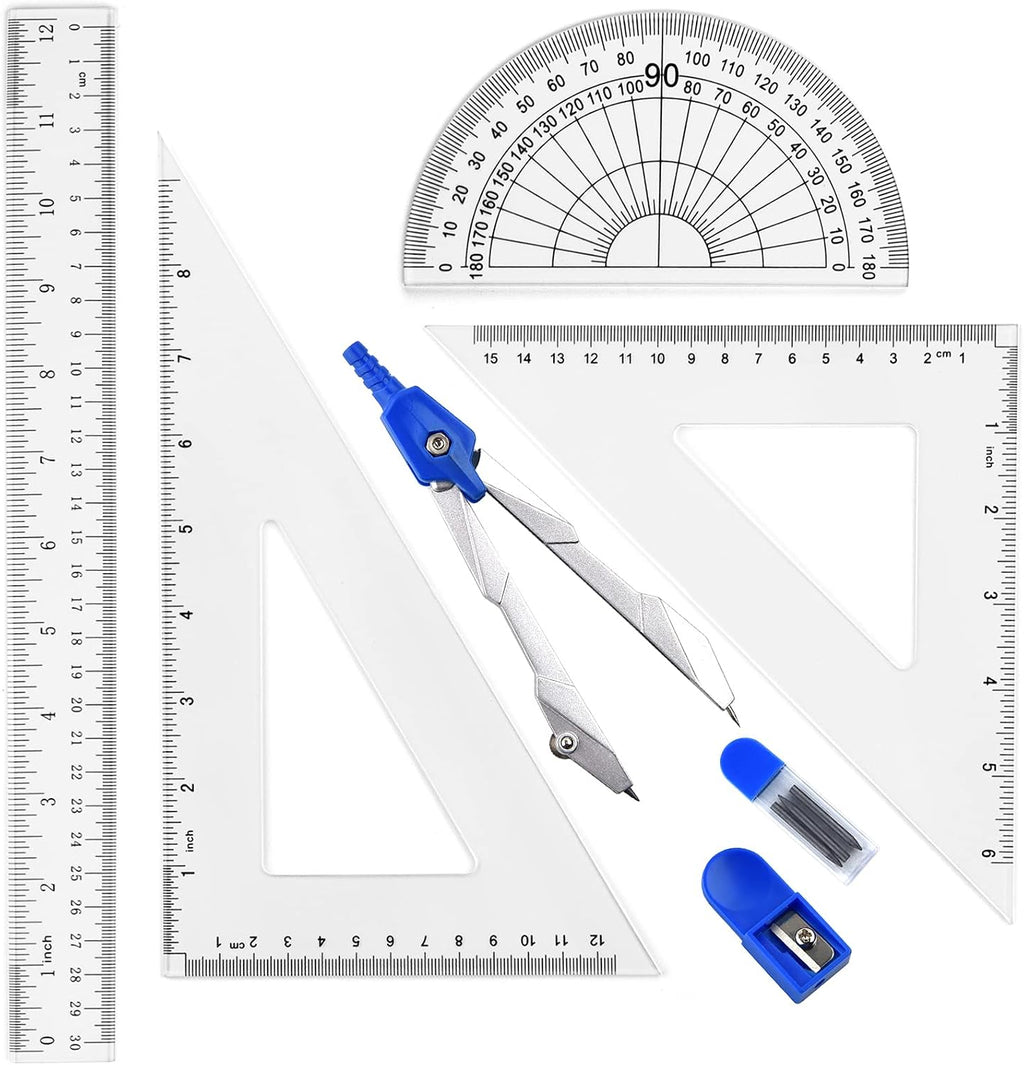 Coopay 12 Inch Math Geometry Tool Plastic Ruler Square Set Includes Straight Ruler, Triangles, Protractor, Compass, Pencil Lead, Pencil Sharpener for Student School Home Office Supplies