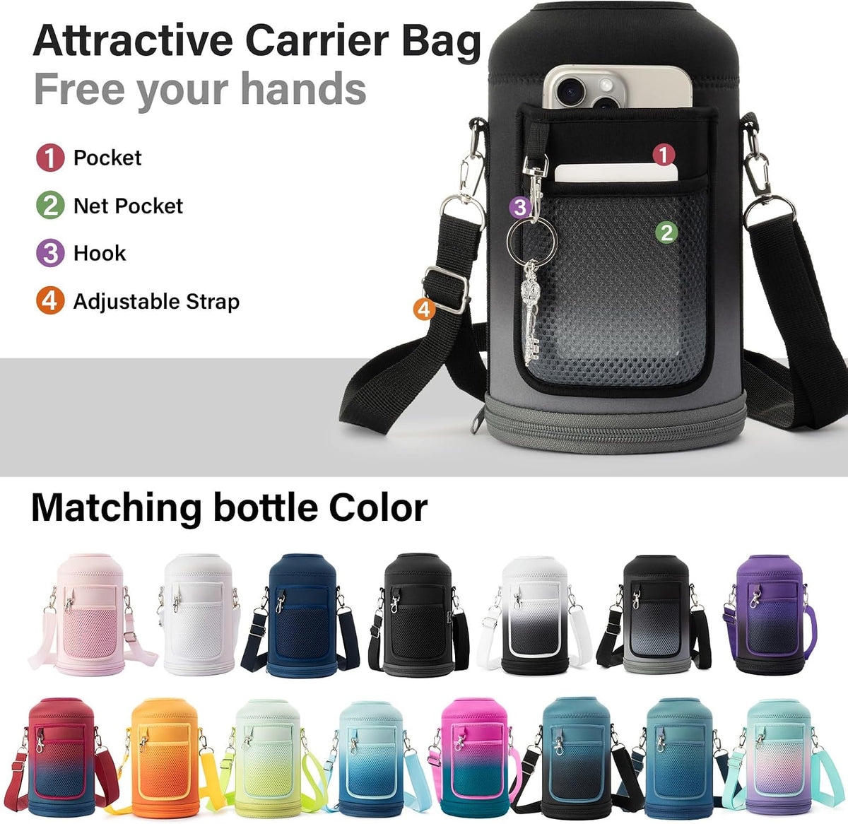 DYSANKY Insulated Water Bottle w/Straw Lid & Portable Carrier Bag, 64oz
