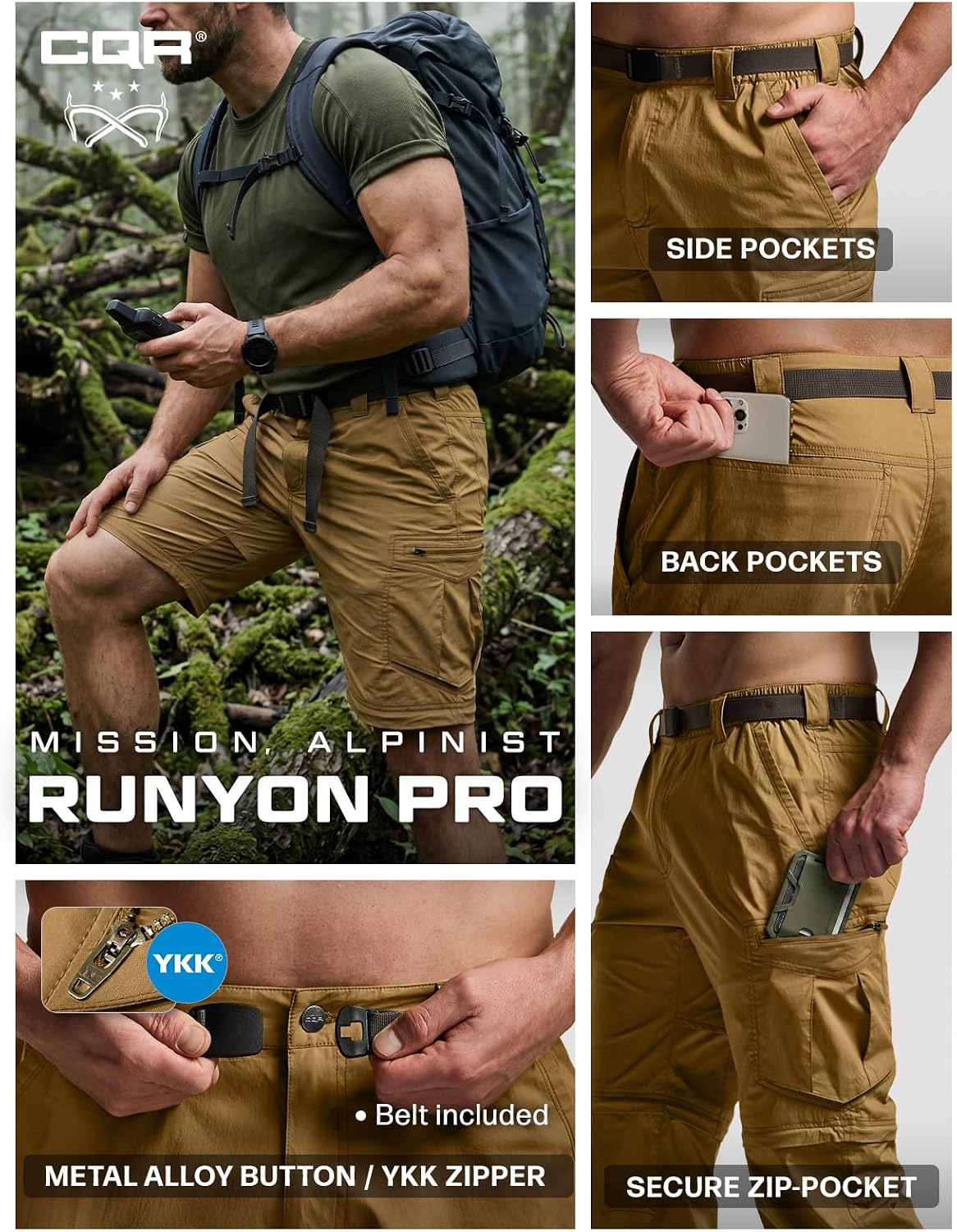 CQR Men's Convertible Cargo Tactical Pants, Water Resistant Outdoor Hiking Pants, Zip Off Lightweight Stretch Work Pants